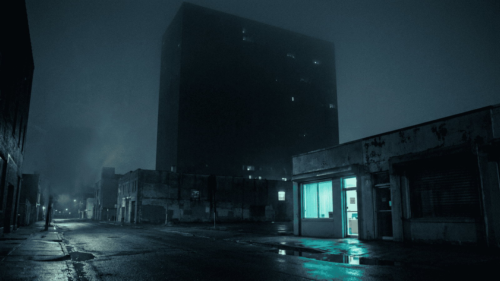A colossal dark tower looming over an empty street, one small storefront office glowing teal at street level